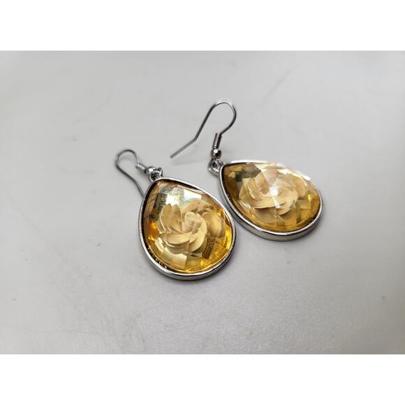 Yellow Rose Resin Teardrop Earrings Silver Tone Dangle Drop Floral Jewelry - Picture 3 of 6